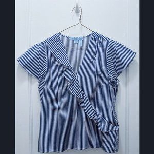 Draper James Cascading Ruffle Striped V-Neck Blouse, Size 6